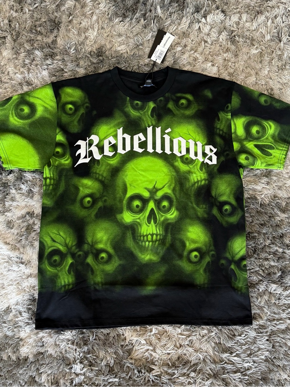 Rebellious Skull All Over Print Tee Neon Green Graphic Shirt Streetwear Size L